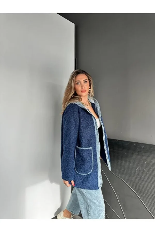 Navy Blue Denim Patchwork Hooded Teddy Coat