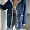 Navy Blue Denim Patchwork Hooded Teddy Coat