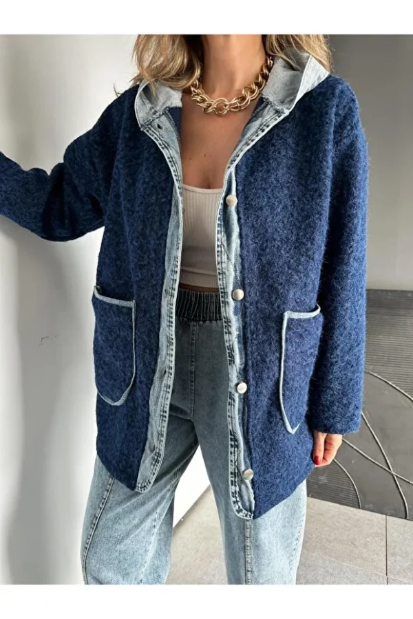 Navy Blue Denim Patchwork Hooded Teddy Coat