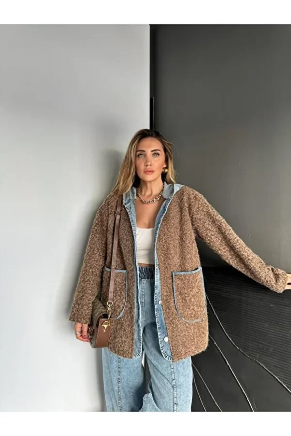Brown Denim Pieced Hooded Teddy Coat