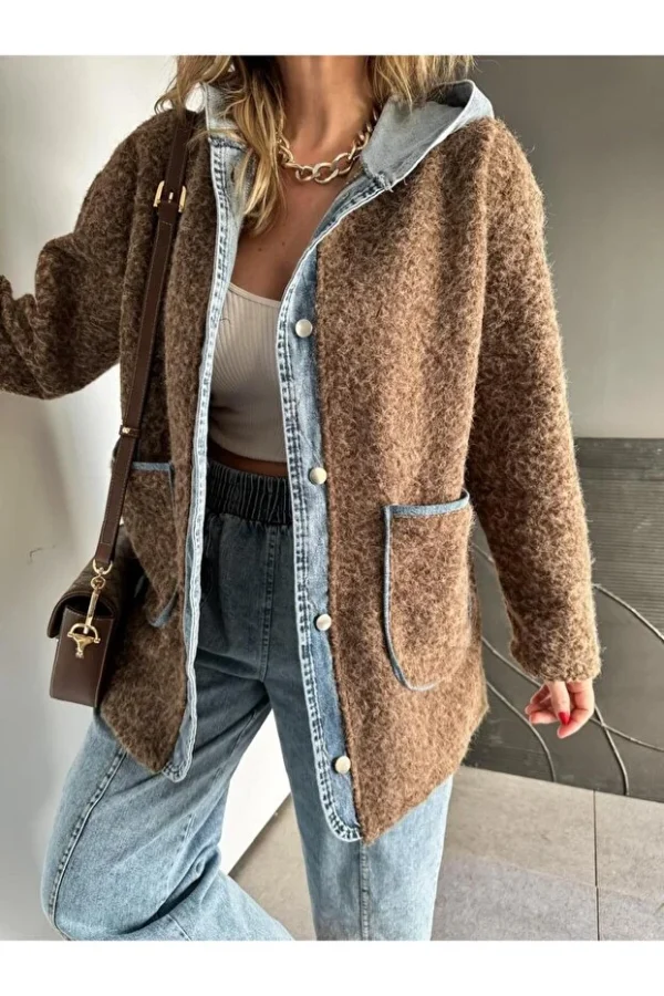 Brown Denim Pieced Hooded Teddy Coat