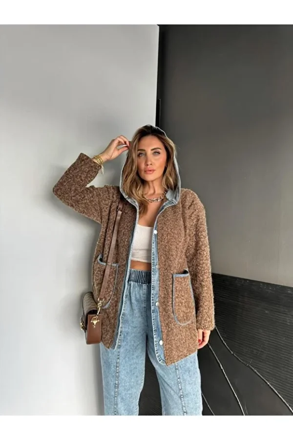 Brown Denim Pieced Hooded Teddy Coat