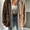 Brown Denim Pieced Hooded Teddy Coat