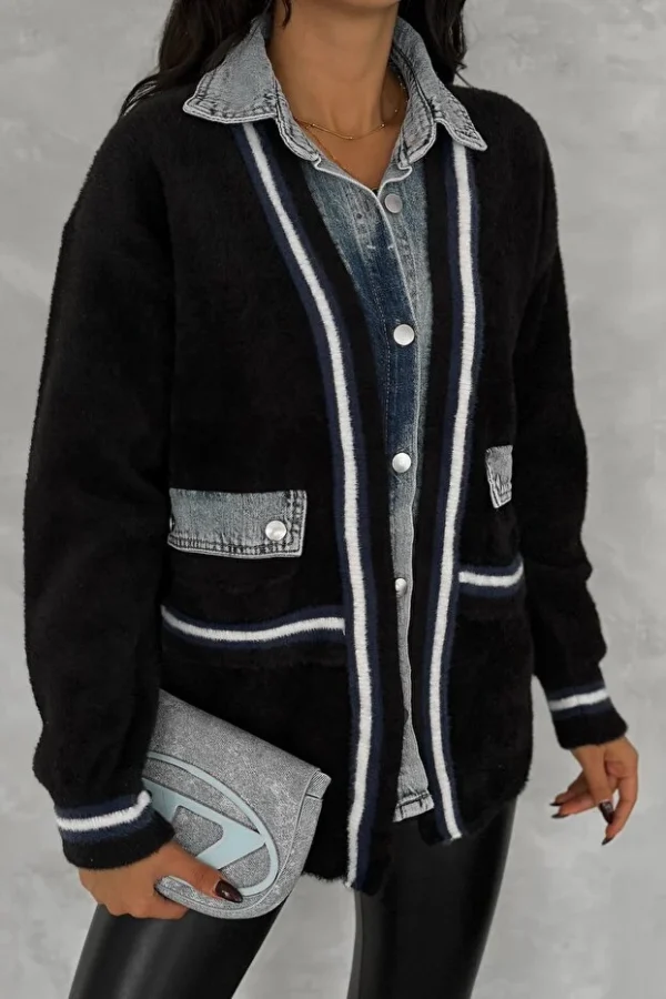 Black Standard Size Buttoned Pocket Denim Detailed Oversize Premium Cardigan