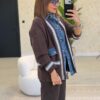 Italian,, Knit and Denim Patchwork Cardigan-Look Shirt, Dark Brown
