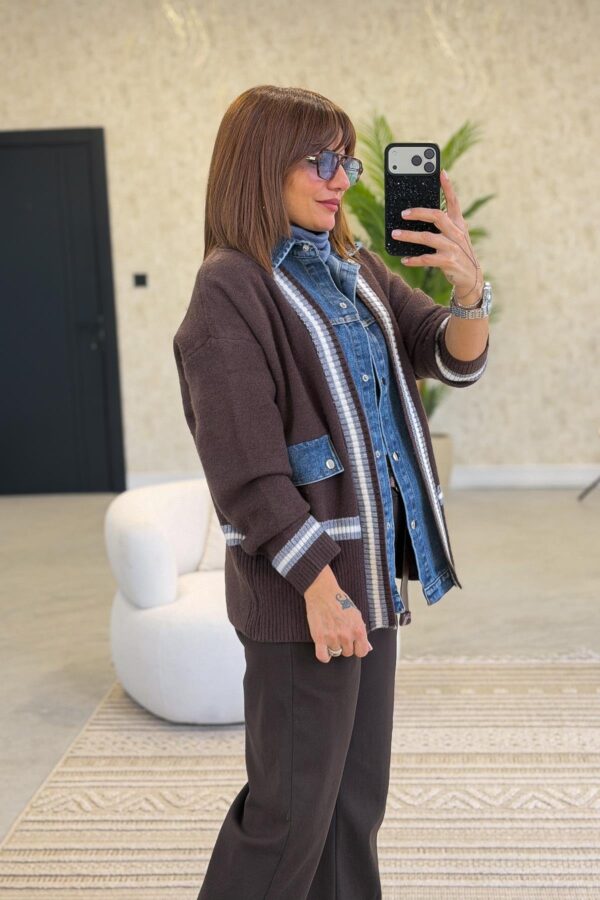 Italian,, Knit and Denim Patchwork Cardigan-Look Shirt, Dark Brown