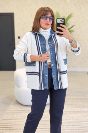 Italian,, Knit and Denim Patchwork Cardigan-Look Shirt, Dark Brown