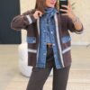 Italian,, Knit and Denim Patchwork Cardigan-Look Shirt, Dark Brown