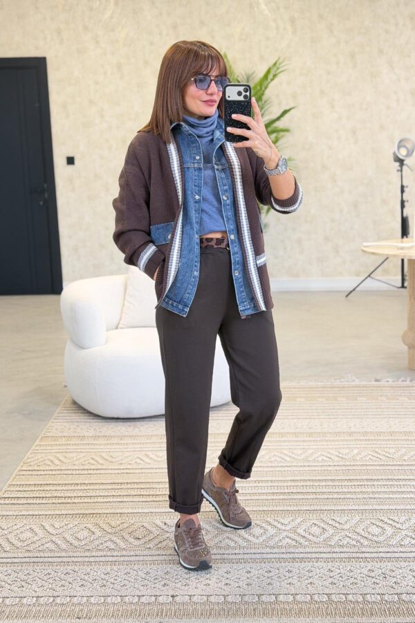 Italian,, Knit and Denim Patchwork Cardigan-Look Shirt, Dark Brown