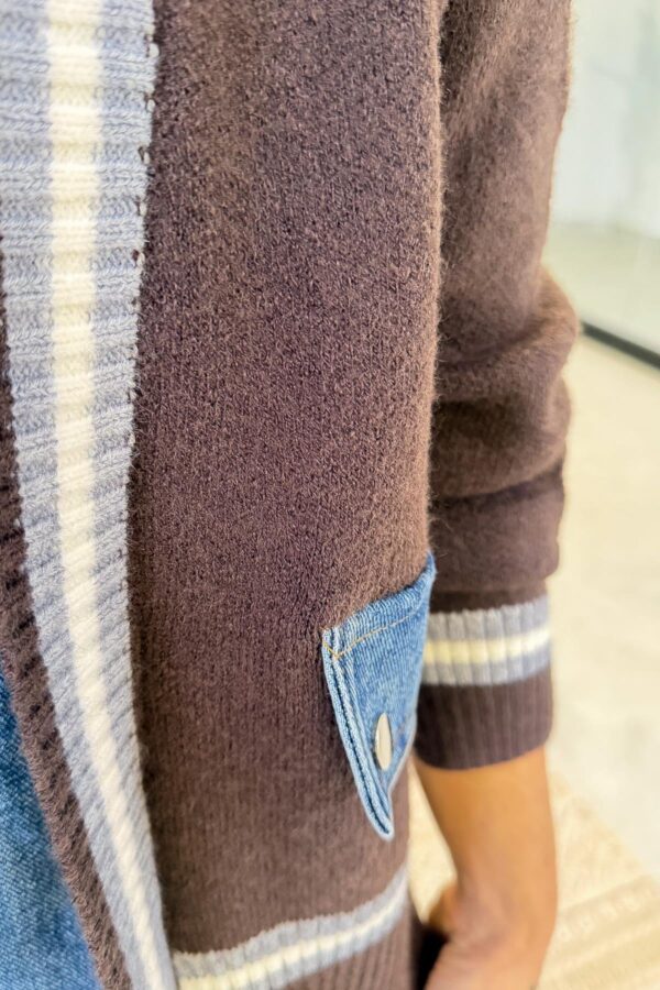 Italian,, Knit and Denim Patchwork Cardigan-Look Shirt, Dark Brown