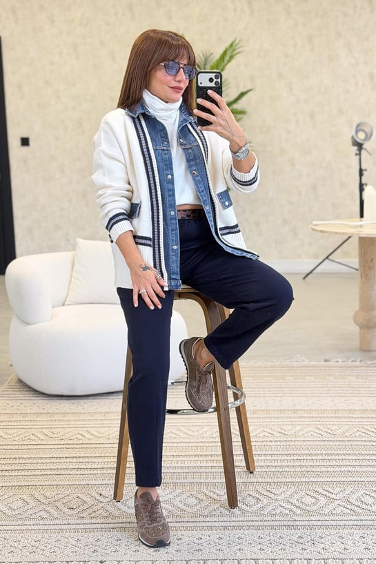 Italian,, Knit and Denim Patchwork Cardigan-Look Shirt, Dark Brown