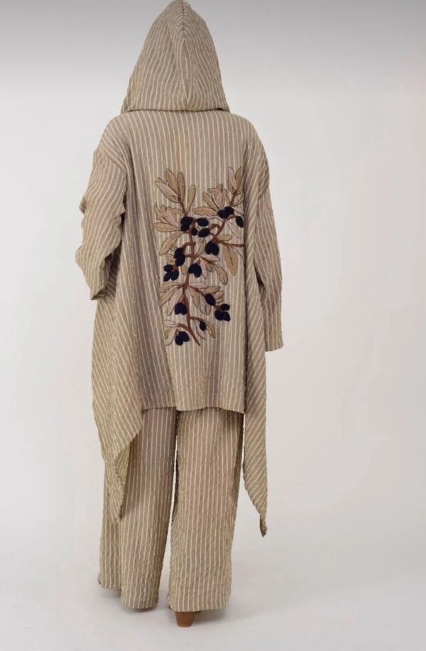 Linen Embroidered Detail Pants and Kaftan Two-Piece Hooded Set