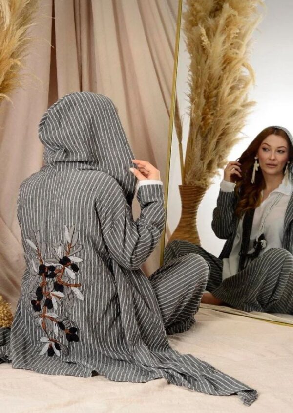 Linen Embroidered Detail Pants and Kaftan Two-Piece Hooded Set