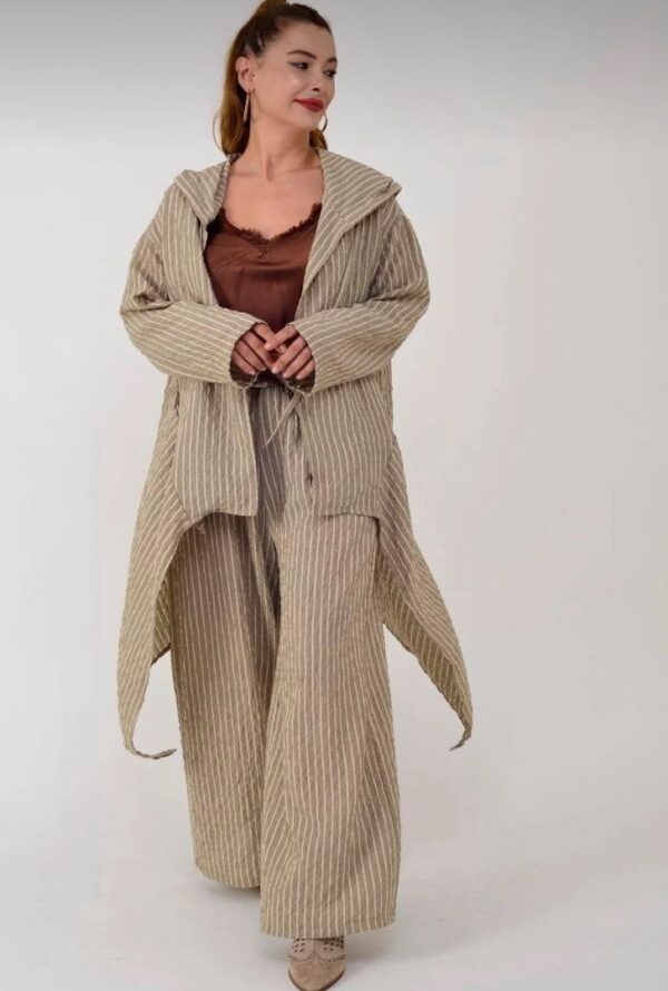 Linen Embroidered Detail Pants and Kaftan Two-Piece Hooded Set
