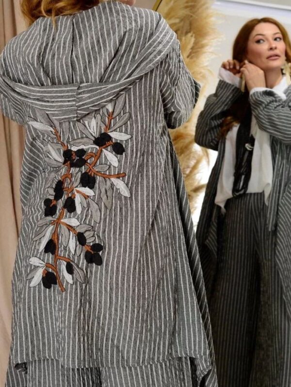 Linen Embroidered Detail Pants and Kaftan Two-Piece Hooded Set