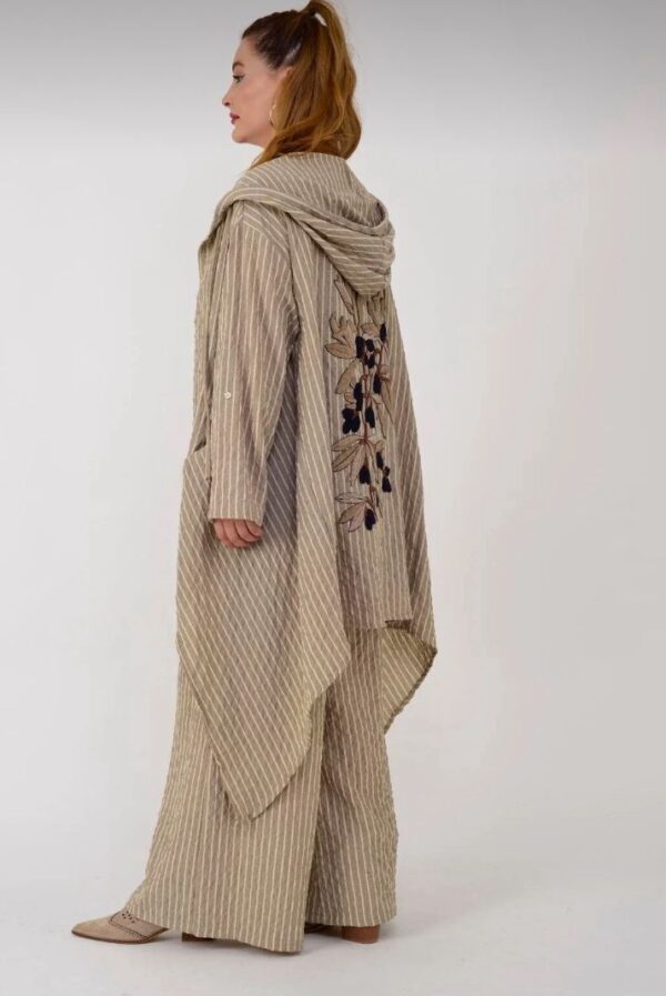 Linen Embroidered Detail Pants and Kaftan Two-Piece Hooded Set