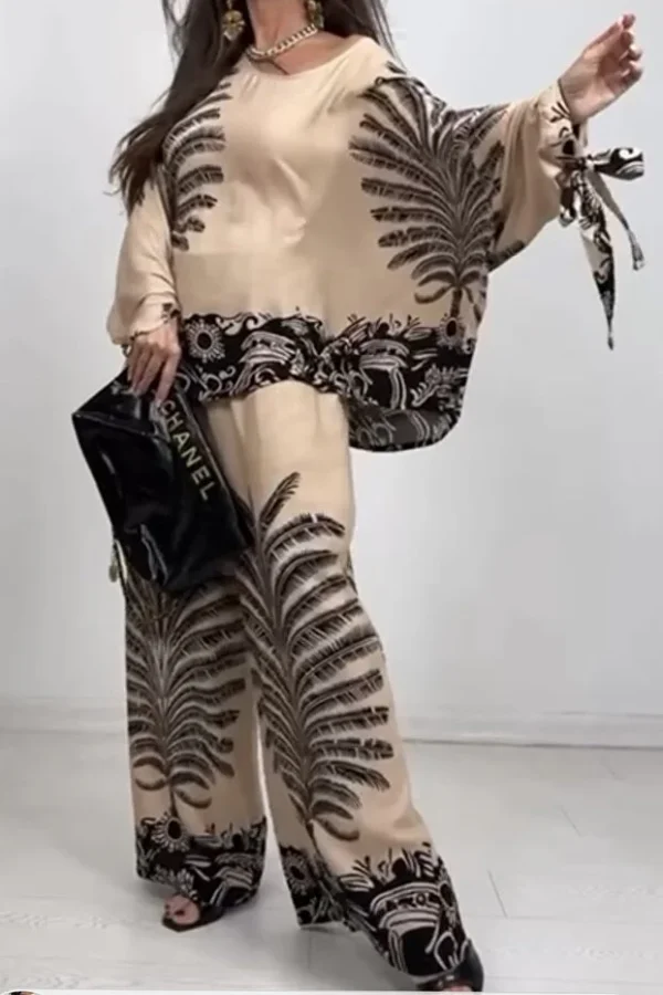 Women's Beige Patterned Elastic Waist Pants and Loose Tunic 2-Piece Set