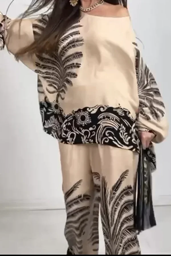 Women's Beige Patterned Elastic Waist Pants and Loose Tunic 2-Piece Set