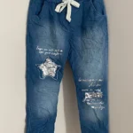 Women's Italian Light Blue Elastic Waist Laser Cut Sequin Star Patch Skinny Jeans