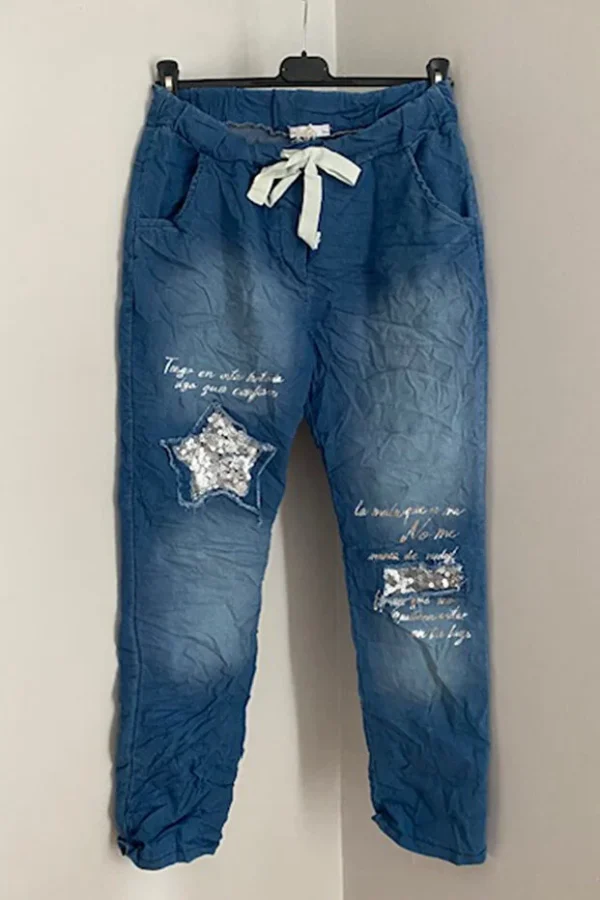 Women's Italian Light Blue Elastic Waist Laser Cut Sequin Star Patch Skinny Jeans