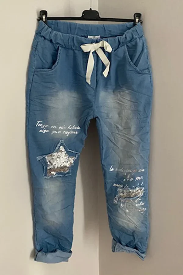 Women's Italian Light Blue Elastic Waist Laser Cut Sequin Star Patch Skinny Jeans