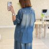 Distressed-look Tencel denim shirt with sequins on the front and back, blue color.