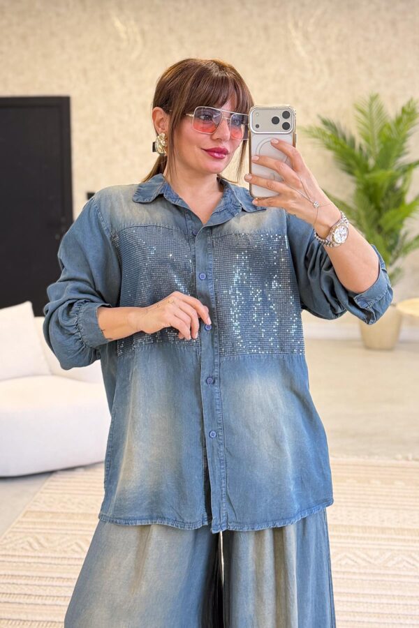 Distressed-look Tencel denim shirt with sequins on the front and back, blue color.