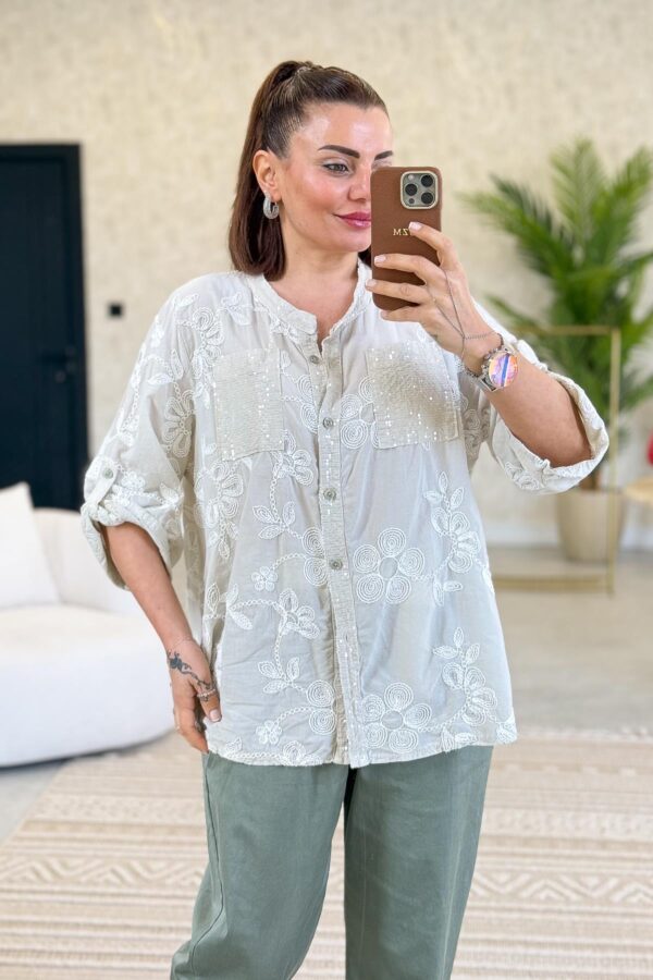 Embroidered Buttonholes and Pocket Shirt with Sequin Details