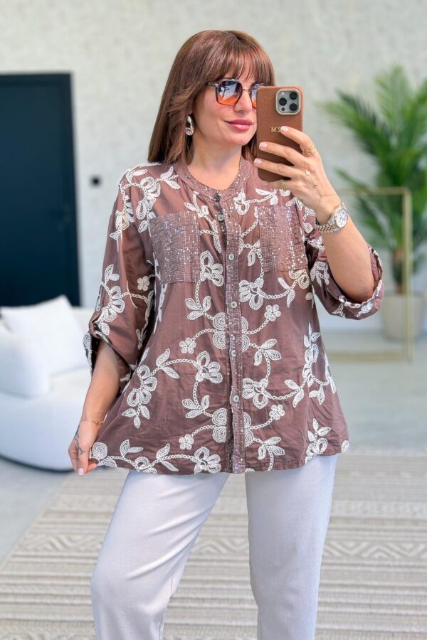 Embroidered Buttonholes and Pocket Shirt with Sequin Details