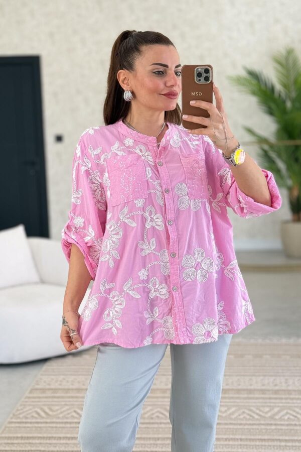 Embroidered Buttonholes and Pocket Shirt with Sequin Details