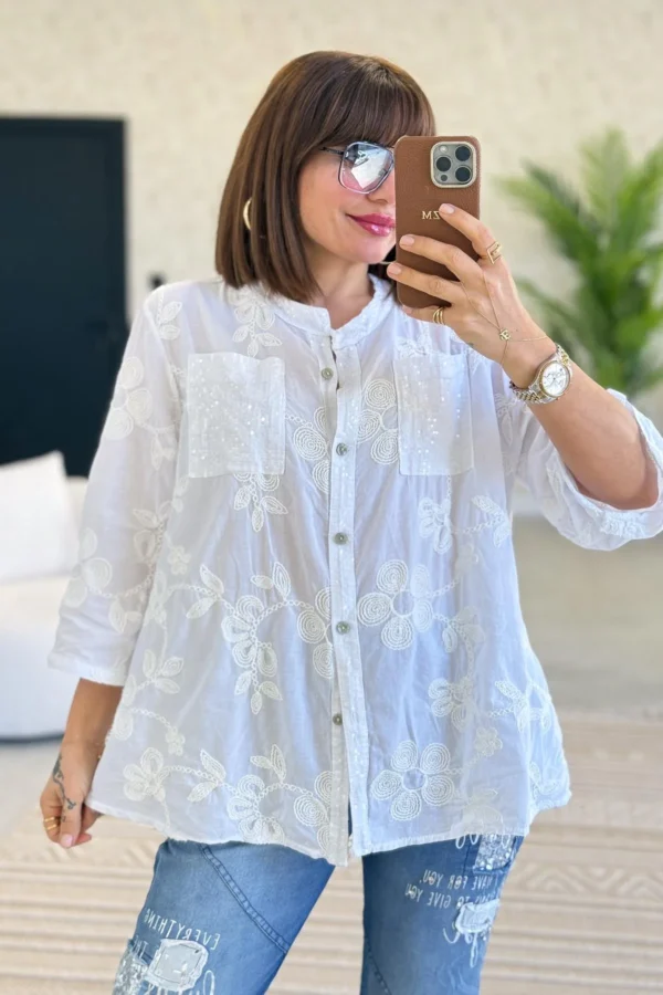 Embroidered Buttonholes and Pocket Shirt with Sequin Details
