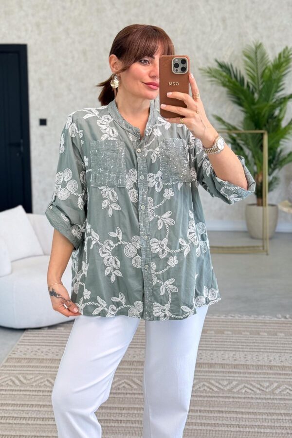 Embroidered Buttonholes and Pocket Shirt with Sequin Details