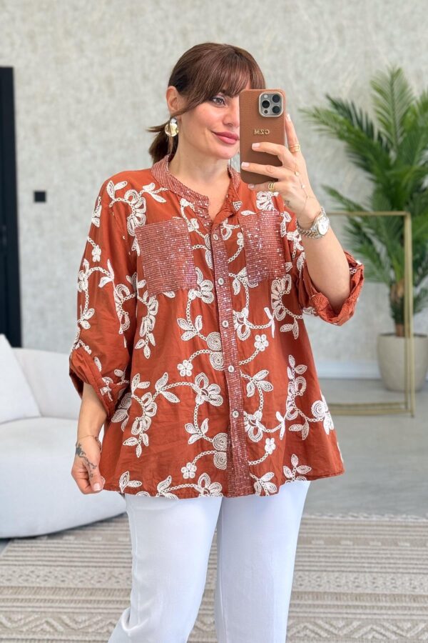 Embroidered Buttonholes and Pocket Shirt with Sequin Details