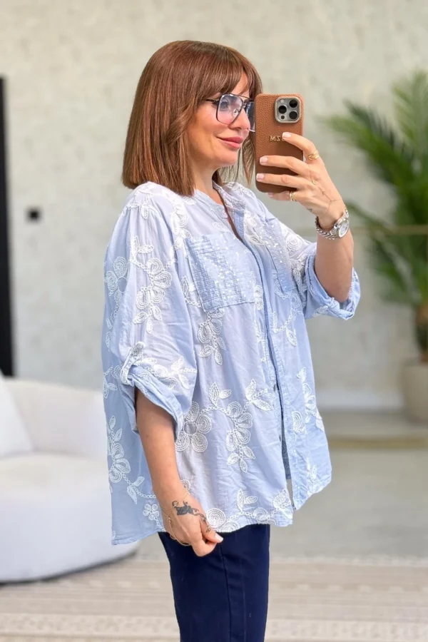 Embroidered Buttonholes and Pocket Shirt with Sequin Details